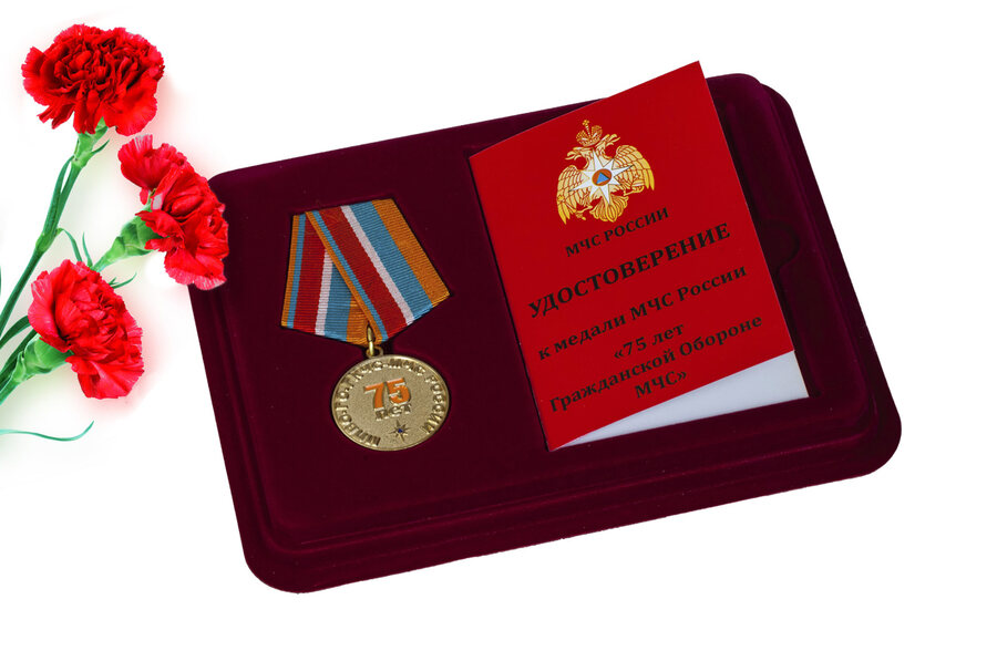 Медаль в бордовом футляре 75 лет Гражданской обороне МЧС