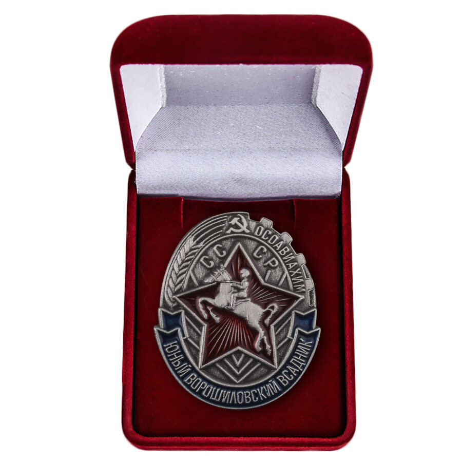 Знак Юный Ворошиловский всадник Осоавиахим СССР в бархатистом футляре муляж