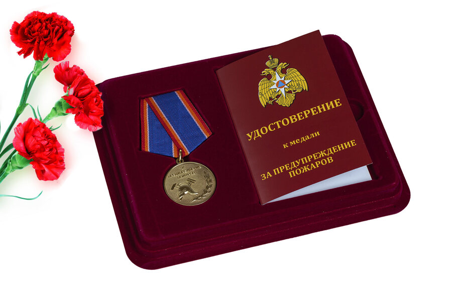 Медаль в бордовом футляре МЧС За предупреждение пожаров