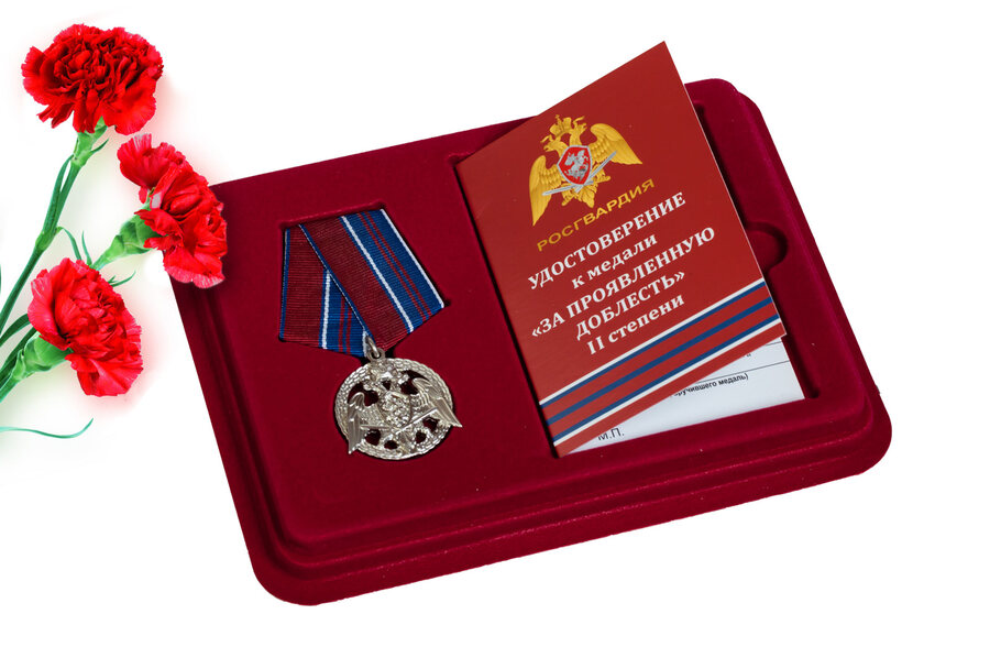 Медаль в бордовом футляре За проявленную доблесть 2 степени
