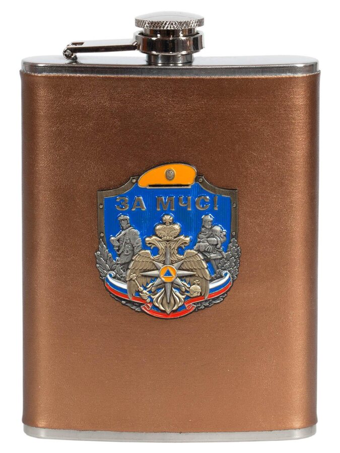 Карманная фляжка За МЧС! (Бежевая, Кожа)