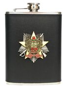 Карманная фляжка юбилейный знак Погранвойск (Черная, Кожа)