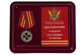 Медаль в бордовом футляре За усердие 2 степени (Минюст России)