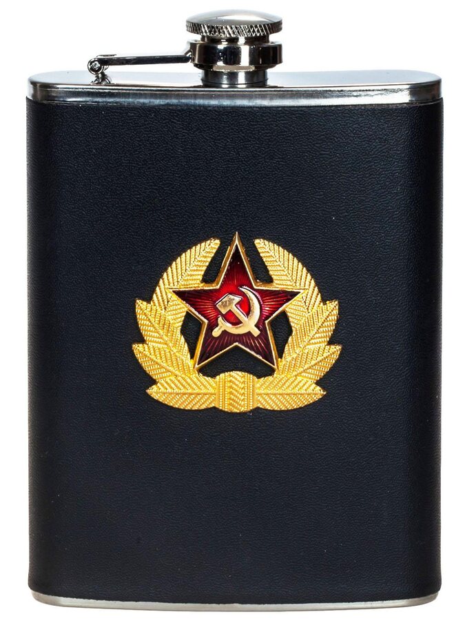 Карманная фляжка с жетоном Советская Армия (Черная, Кожа)