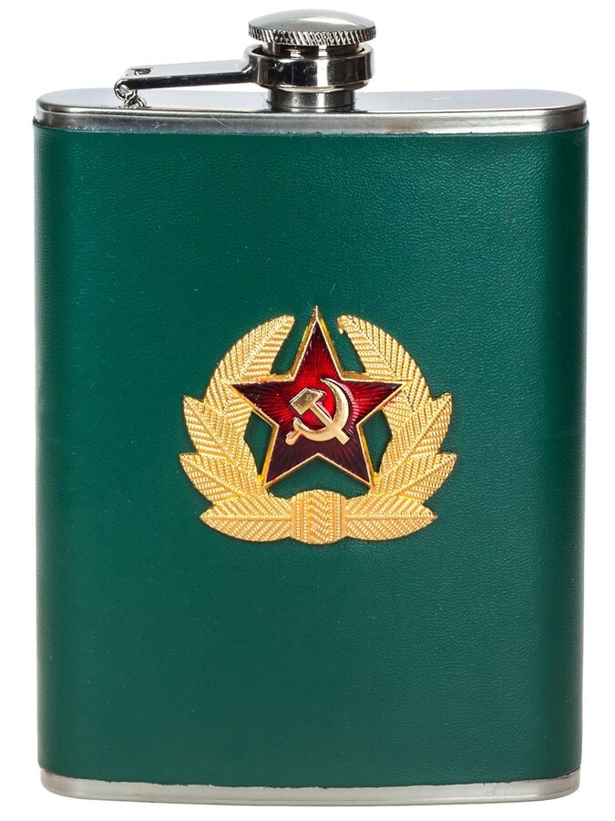 Карманная фляжка с жетоном Советская Армия (Зеленая, Кожа)
