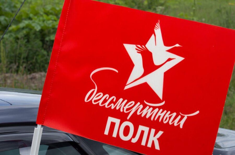 Флаг на машину с кронштейном Бессмертный полк с журавлями