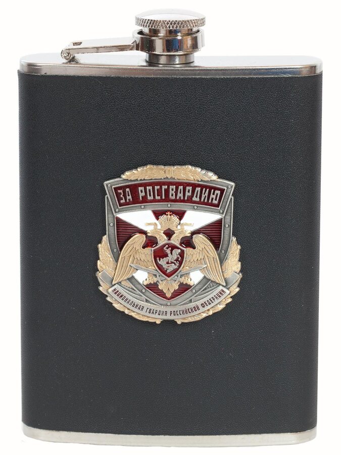 Карманная фляжка с жетоном Росгвардия (Черная, Кожа)