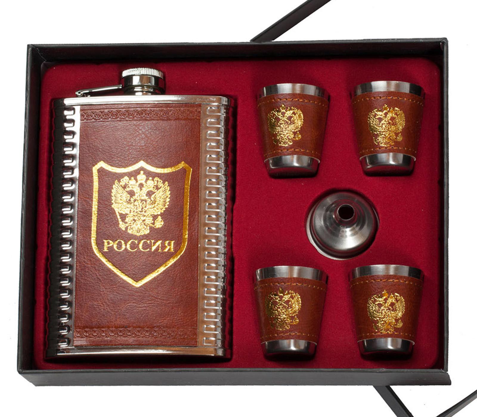 Подарочный набор Россия фляга со стопками (фляжка, 4 стопки, воронка)