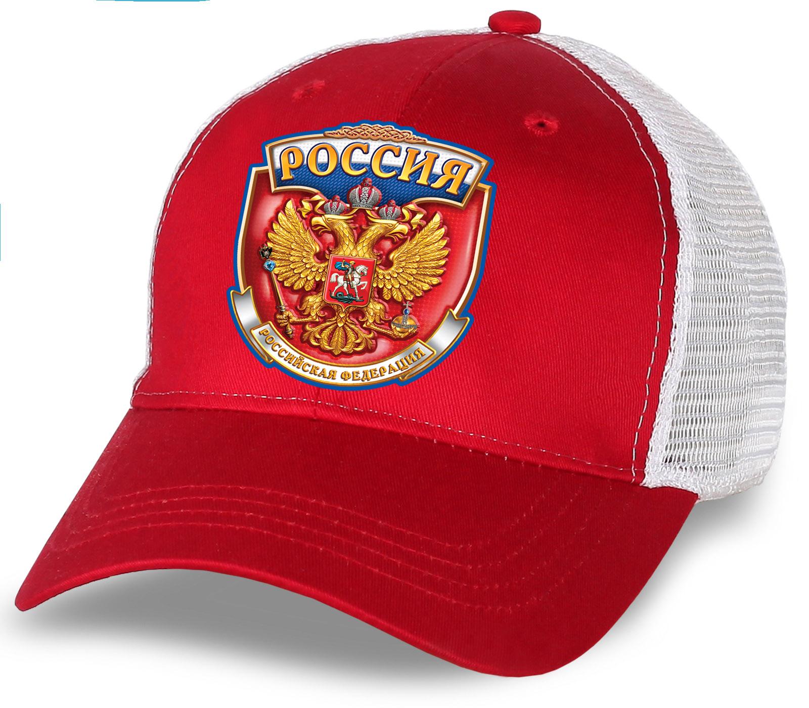 Мужская кепка  Россия с гербом РФ  с сеткой (Красно-белая)