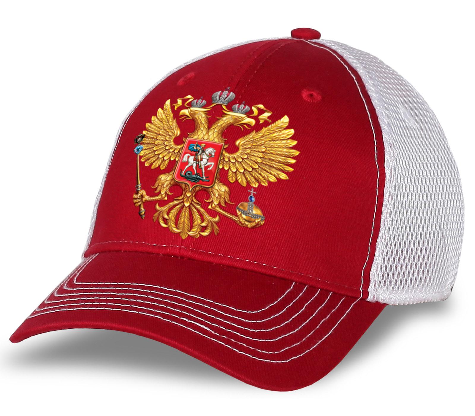 Мужская кепка Герб России с сеткой (Красно-белая)