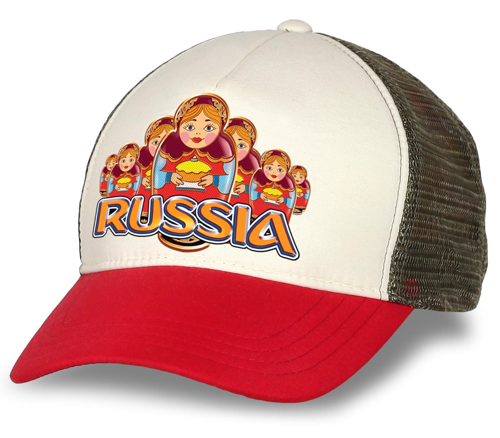 Мужская кепка Русские матрёшки с сеткой (Бело-красная)