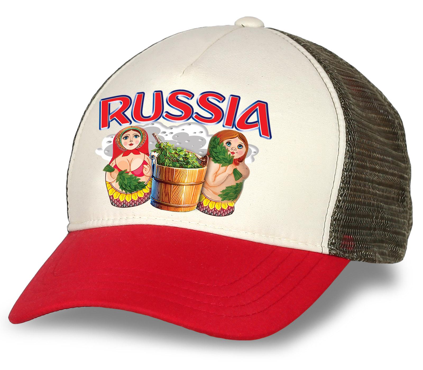 Мужская кепка  Russia матрёшки с сеткой (Бело-красная)