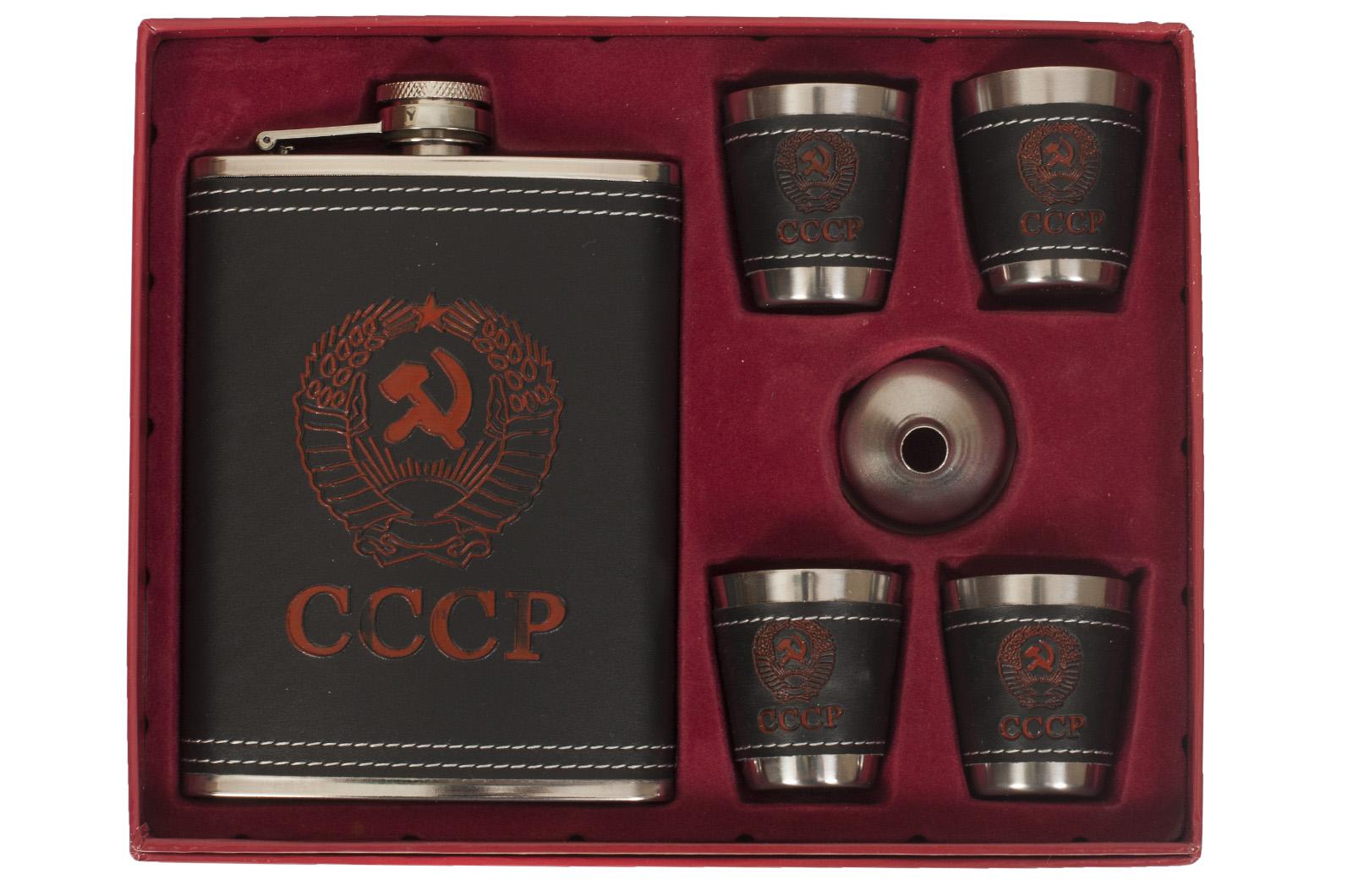 Подарочный набор фляжка со стопками СССР (фляжка, 4 стопки, воронка)