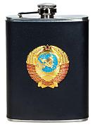 Карманная фляжка с жетоном Герб СССР (Черная, Кожа)