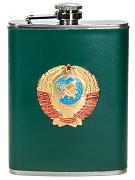 Карманная фляжка с жетоном Герб СССР  (Зеленая, Кожа)