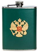 Карманная фляжка с жетоном Россия (Зеленая, Кожа)